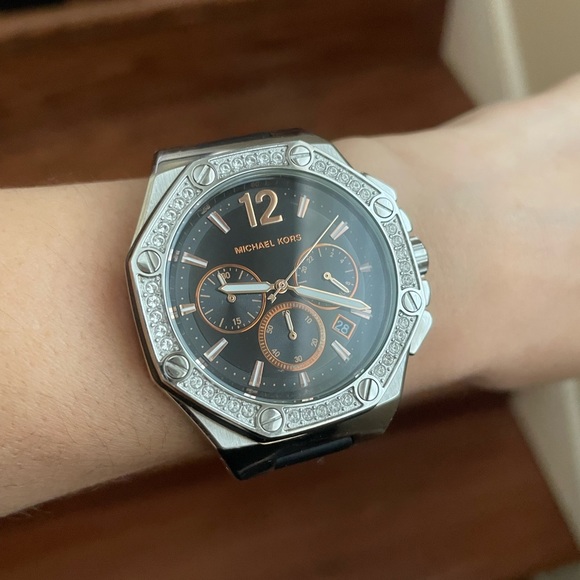 Ladies Michael Kors Watch Black Crystals Bronze Copper Silver Authentic - Picture 2 of 7